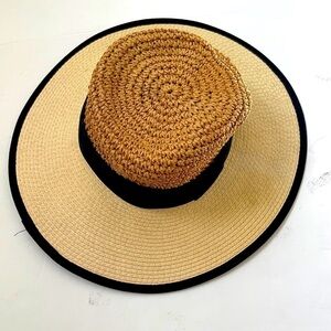 Nordstrom Halogen Tan black brown wicker hat wide trim OS NWOT